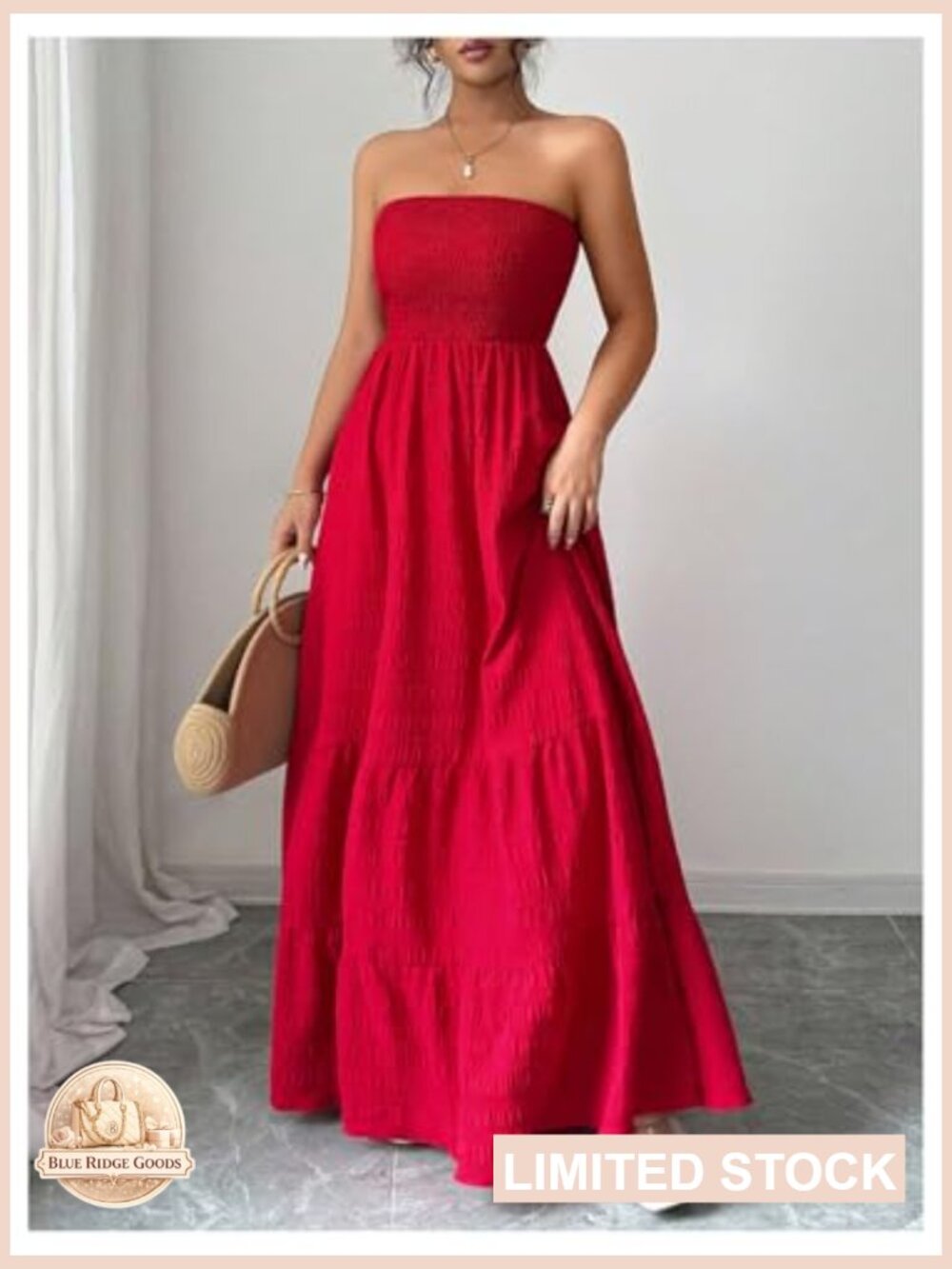 Strapless Tube Top Maxi Dress Smocked A Line Tiered Ruffle Flowy Party - Picture 4 of 5